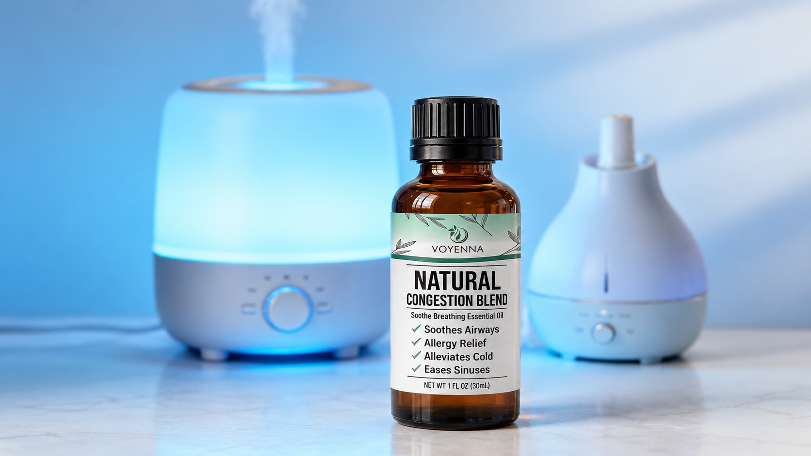 Voyenna Natural Congestion Blend bottle between an essential oil diffuser and a humidifier