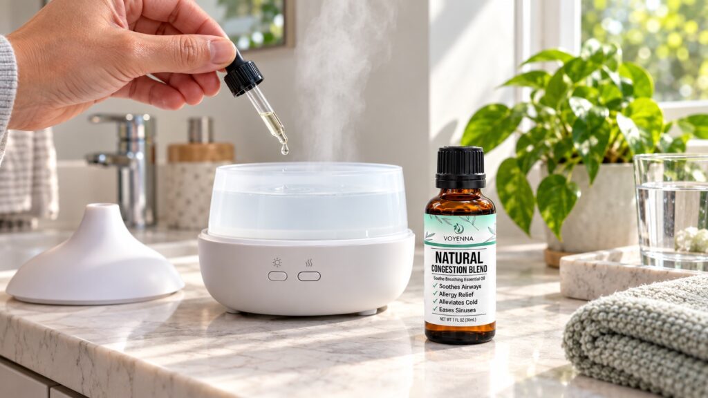 Voyenna Natural Congestion Blend being added carefully to an open essential oil diffuser