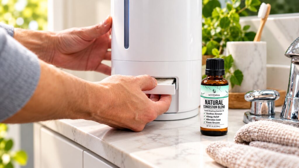 Voyenna Natural Congestion Blend beside a humidifier with a dedicated essential oil tray