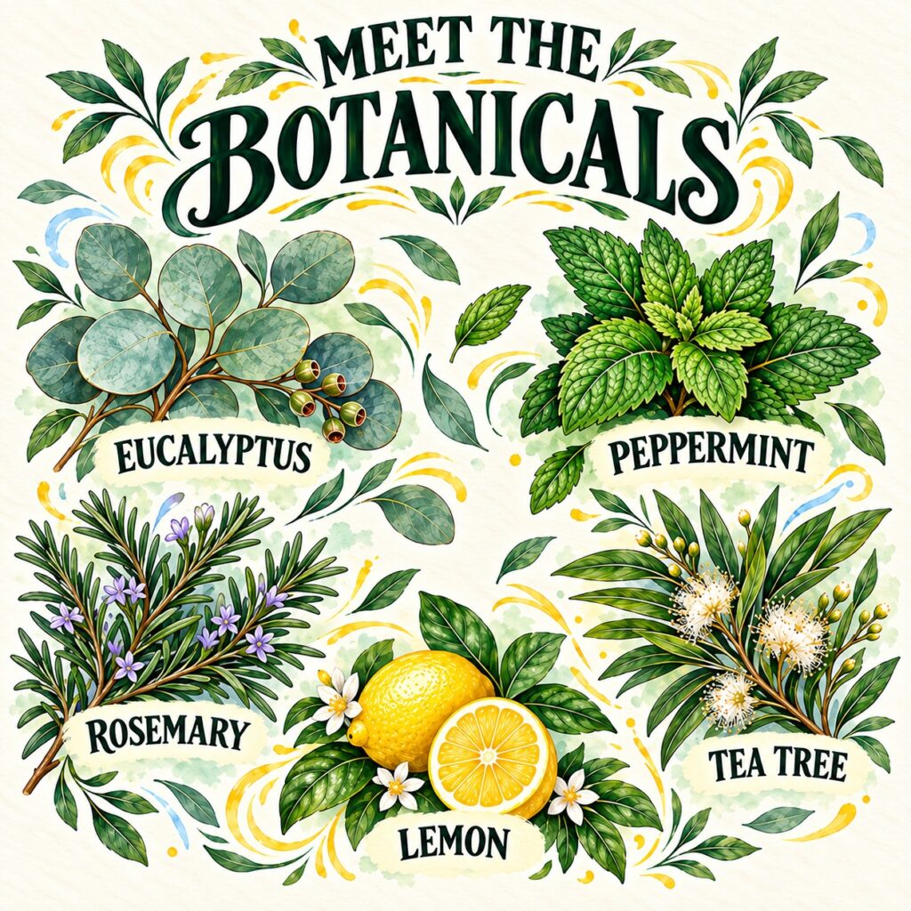 Watercolor illustration for Inside the Blend: Why Eucalyptus, Peppermint, Rosemary, Tea Tree, and Lemon Belong Together